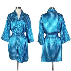 Vintage | Y2K Kathryn Blue Polka Dot Satin Wrap Kimono Lounge Short Robe Medium